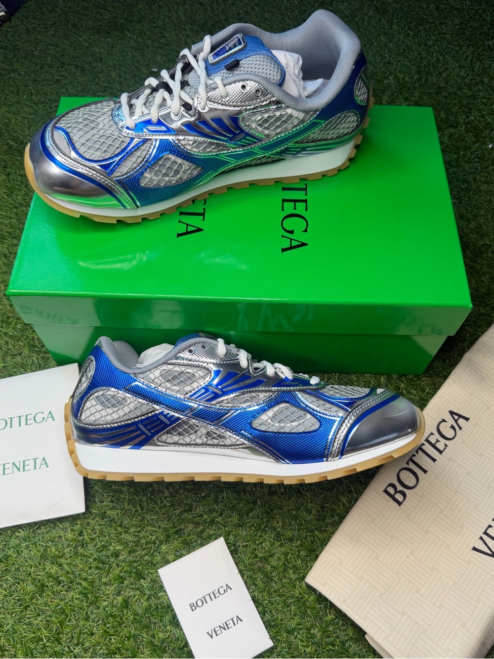 Bottega Veneta Men’s Metallic Blue & Silver Sneakers